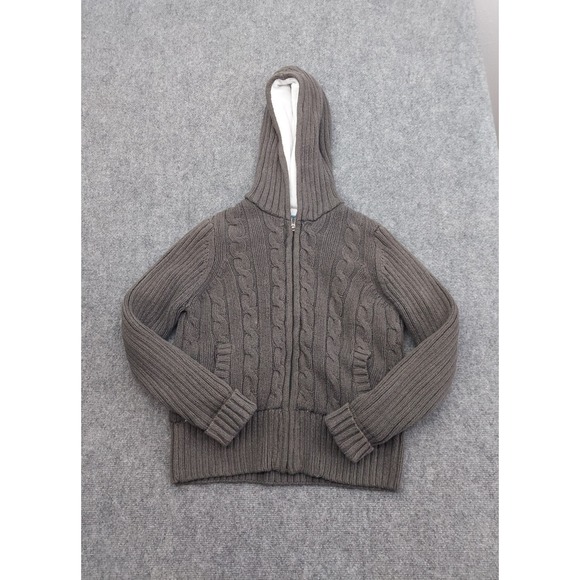 Columbia Sweater Jacket Women Large Brown Full Zip Cable Knit Hooded Lined Heavy - Picture 1 of 13